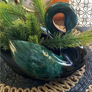 Green and Black Ceramic Swan Planter